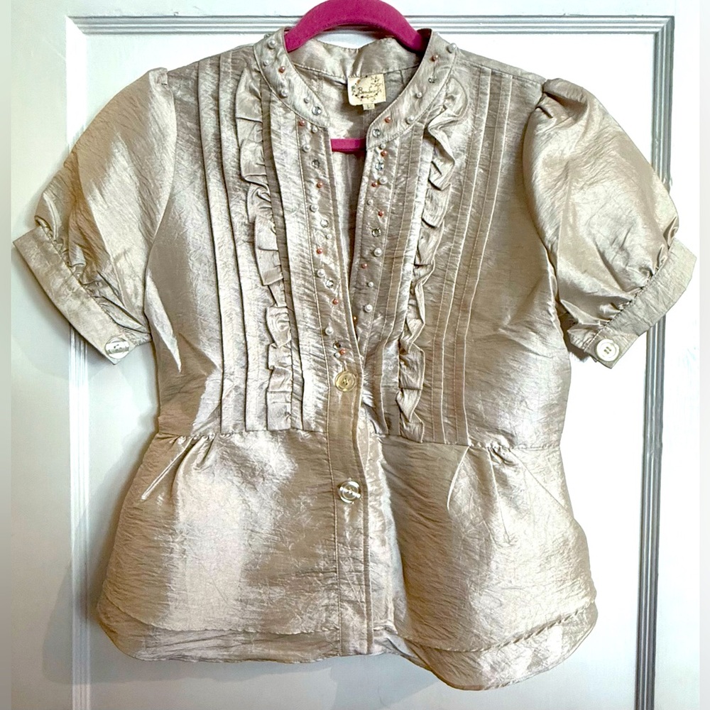 BEAU BOIS Embellished Peplum Jacket Button Top in Champagne | Size: L | EUC!!